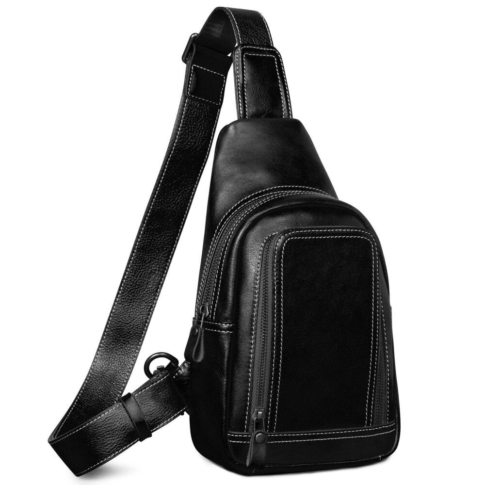 8425 Leather Sling Bag Crossbody Chest Bag Sling Backpack Purse Black